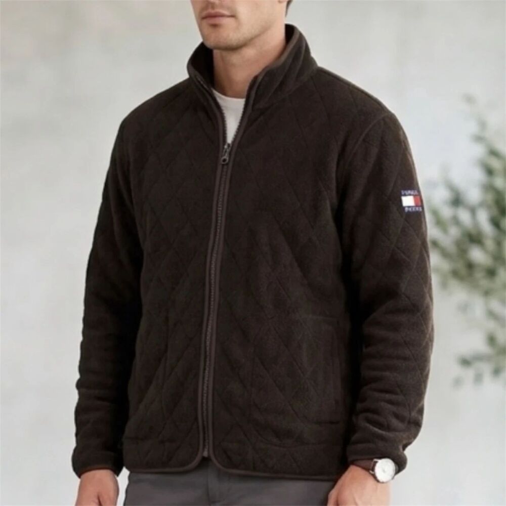 Tommy Hilfiger Jacket Mens Large 90s Quilted Black Fleece Full Zip Y2K Vintage